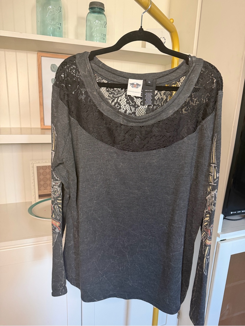 Harley-Davidson Charcoal Gray Long Sleeve Lace Yoke Top